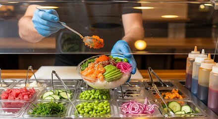 Fresh poke bowl being assembled with vibrant salmon, avocado, edamame, and roe, showcasing healthy fast-casual dining.