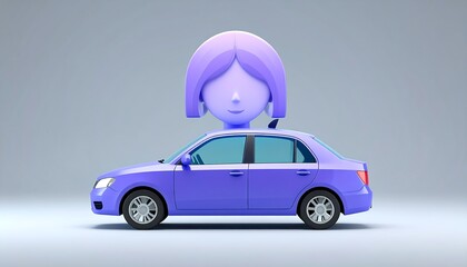 Cartoon of a purple car with a large female head above it on a grey background