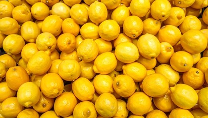 A close-up full frame image of many vibrant yellow lemons piled together tightly