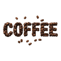 Coffee word formed by coffee beans on white background with coffee cup and aroma elements