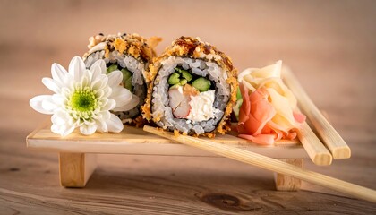 Crispy sushi rolls with ginger and flower