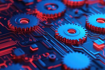 Gears working together on a circuit board, representing technology, automation, innovation, and futuristic systems