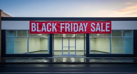 Black Friday Sale: A vacant storefront, illuminated by the dawn, displays a vibrant banner advertising a Black Friday sale, conveying anticipation and savings potential.