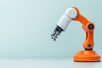 Orange and white robotic arm extending on a light background, symbolizing advanced manufacturing and future technology