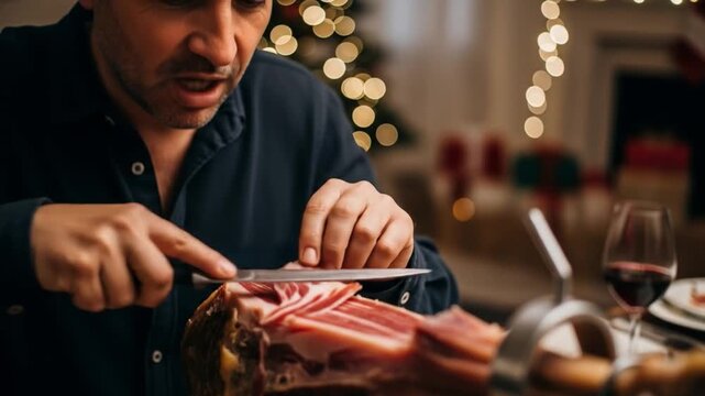 Man slicing traditional Spanish serrano ham for Christmas dinner.