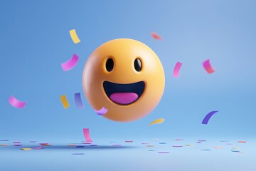 Cheerful emoji floating in a blue background with colorful confetti, celebrating joy and happiness