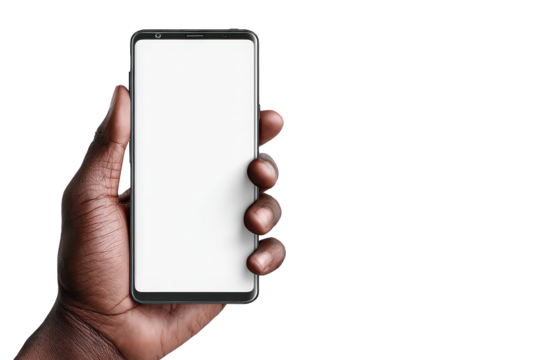 Dark Brown Hand Holding Smartphone with Blank White Screen