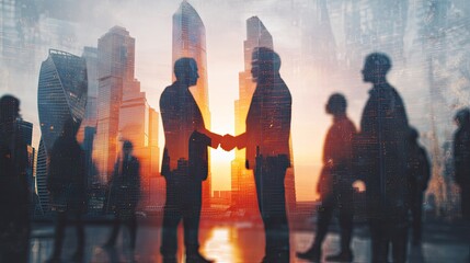 Businessmen Handshake In City Skyline Sunset
