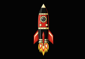 A red and black rocket ship ascends flames trailing behind against a black background