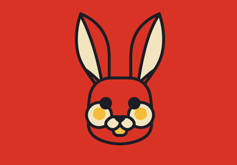 A simple red rabbit cartoon with a black outline and white inner ears on a red background