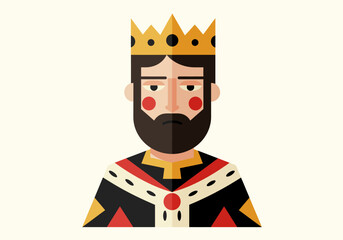 A stylized geometric cartoon of a king with a crown and beard set against a cream background
