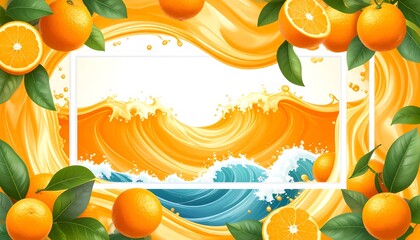 Oranges and green leaves surround a white framed wave of juice against a light background