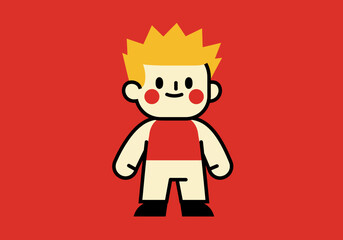 Cartoon character with spiky yellow hair red cheeks and a red top against a red background