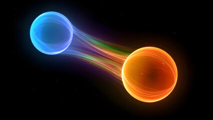 Abstract spheres in the dark: Two spheres of vibrant color, one radiant blue and the other a warm orange, connect through streams of light against a deep black backdrop.