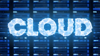 Cloud Computing: A glowing “CLOUD” script over a backdrop of server racks. It is a vivid visualization that signifies technological advancements and the digital age. 
