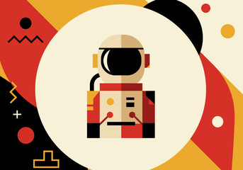 Geometric astronaut in a retro stylized scene with circles triangles and linear symbols on a pale yellow backdrop