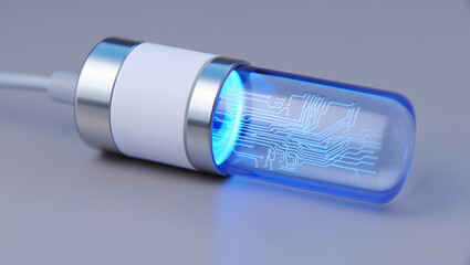 Technological Revelation: A futuristic USB device with a glowing blue circuit board illuminates the essence of connectivity and data transfer, suggesting the future.