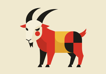 Geometric goat with red yellow black patches stands on a cream background
