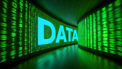 Digital Data Pathway: A futuristic tunnel of flowing digital data, with the word DATA illuminated at the end, symbolizing the core of information