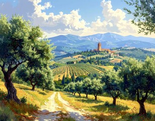 Italian countryside landscape painting with olive trees and hills
