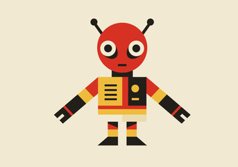 Obraz premium Red robot with black and yellow body simple shapes and two antennae