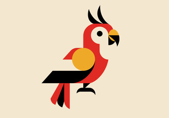 Stylized geometric macaw with red body black wing  yellow accents against a tan background