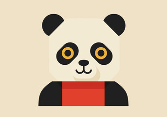 Stylized panda with black ears eye patches nose a red shirt on a beige background