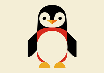 Stylized penguin image black head and wings red belly outline white body yellow beakfeet