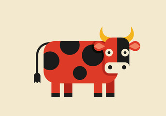 Stylized red cow with black spots and yellow horns on a beige background