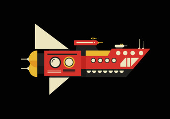 Stylized red spaceship with yellow fins antennas and dark grey hull against a black background