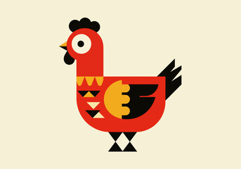 Stylized rooster with geometric shapes red body black comb and triangular legs against a light beige background