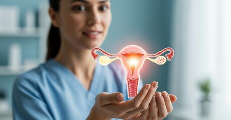Mulher segurando útero 3D — sistema reprodutivo feminino, saúde da mulher, conceito de câncer ginecológico e de colo do útero.