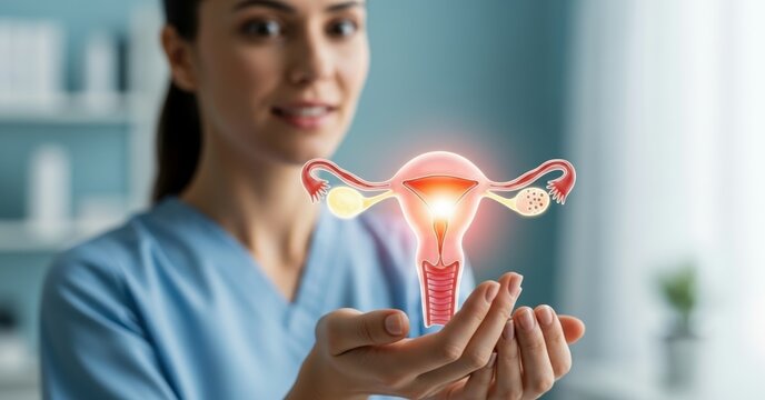 Mulher segurando &uacute;tero 3D &mdash; sistema reprodutivo feminino, sa&uacute;de da mulher,  conceito de c&acirc;ncer ginecol&oacute;gico e de colo do &uacute;tero.