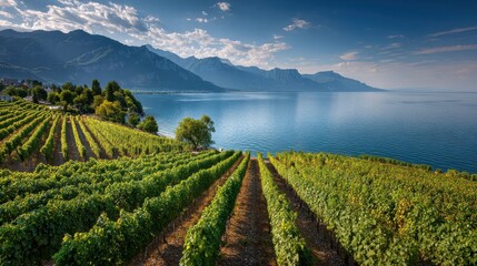 Fototapeta premium Expansive Vineyard Terraces Descend Towards a Serene, Sun-Dappled Lake with Majestic Mountains Beyond.