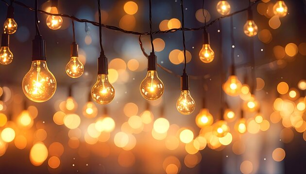Warm, glowing string lights against a bokeh background - Powered by Adobe