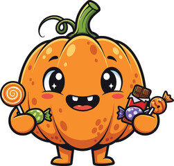Cartoon pumpkin character, cheerful Halloween figure holding candies and lollipop, smiling festive jack o’ lantern illustration for autumn, holiday, and children themes