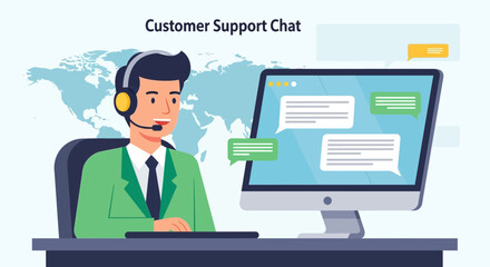 Flat Vector of Customer Support Agent with Headset Providing Online Chat Assistance, Help Desk Service, Technical Support, Call Center, Client Communication, Customer Care Illustration