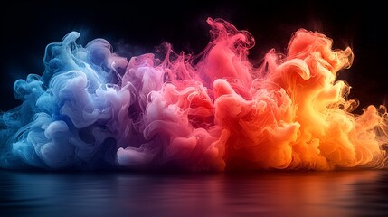 Colorful smoke clouds swirl in dark background.