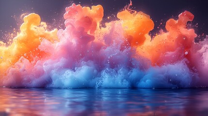 Colorful ink explosion in water, reflected.