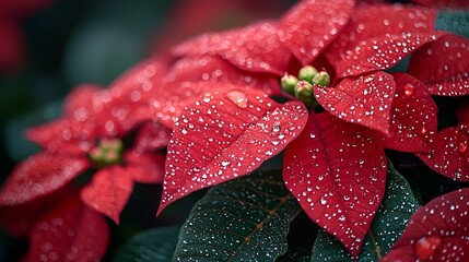 Close-up of vibrant red poinsettia leaves with water droplets.
