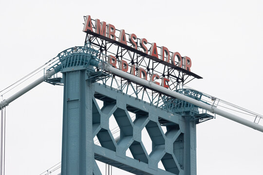 Ambassador Bridge Tower with Steel Structure and Red Sign, Detroit Windsor Landmark
