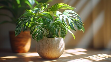 Variegated Monstera deliciosa in a beige pot, sunlight.