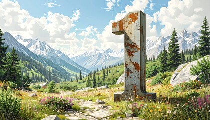 A weathered number one statue stands in a mountain meadow under a bright cloudy sky