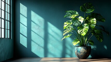 Monstera deliciosa plant in a pot, sunlight through window on teal wall.