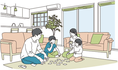 明るいリビングでカードゲームをしている家族団らんのイラスト素材