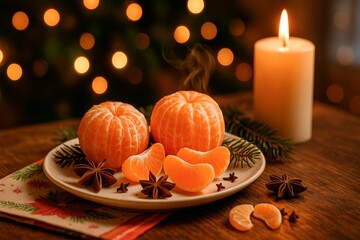 Christmas mandarins and star anise on plate with warm candlelight in festive atmosphere