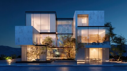 Obraz premium Modern Architectural Masterpiece - Illuminated Geometric Residence with Lush Greenery at Dusk.