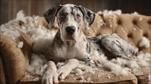 Great Dane Relaxing on Couch Surrounded by Soft Fluffy Decorations and Mess