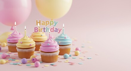 A delightful arrangement of colorful cupcakes with lit candles and balloons, set against a soft pink background with scattered confetti.