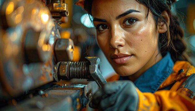 A focused female mechanic wearing a hard hat and work gloves uses a wrench to tighten a bolt on industrial machinery, highlighting her skill and dedication in a workshop setting.